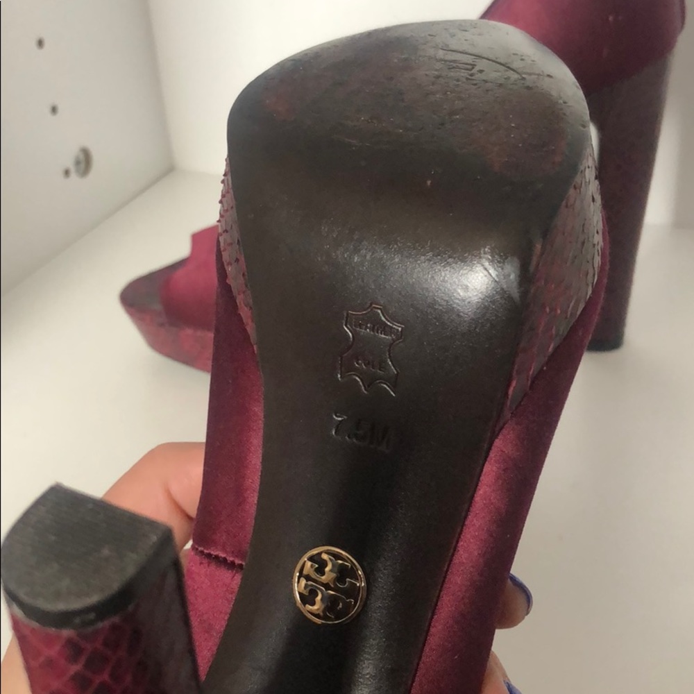 Tory Burch Satin Snakeskin Peep-Toe Platform Heels - Gem